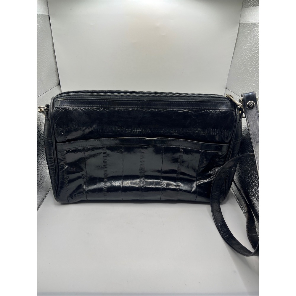 SLNCO Genuine Eel‎ Skin Shoulder Bag Black Zipper Pockets Made in Korea